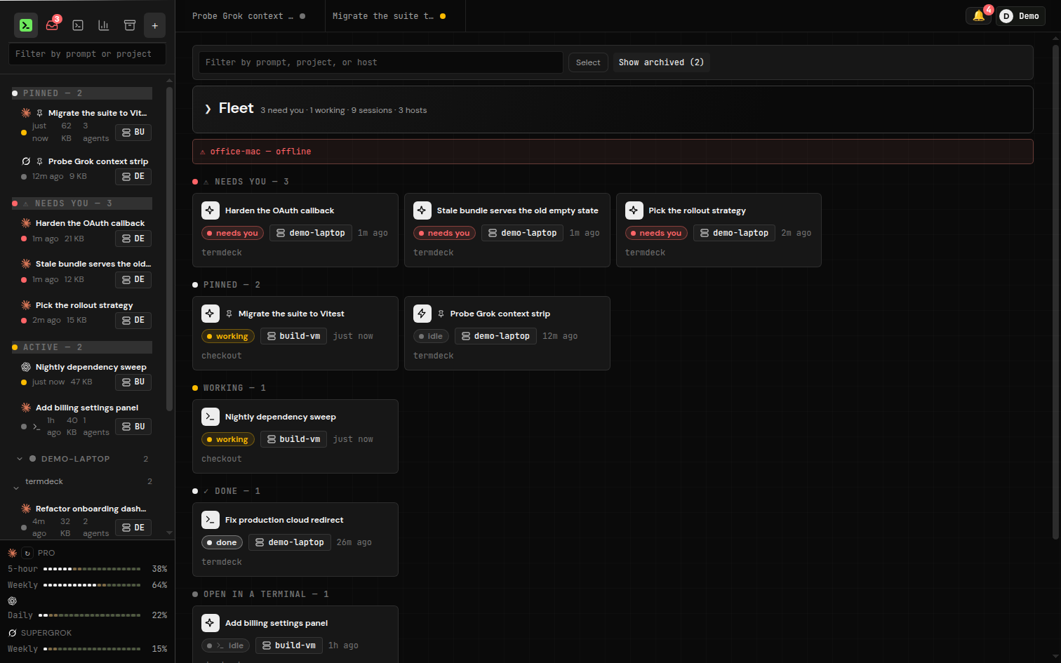 The Termdeck dashboard: the fleet sidebar, a Claude Code session transcript and a tool approval card